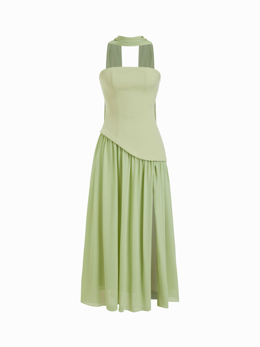 Chiffon Sculptural Halter Neckline Lace Up Maxi Bodycon Dress With Scarf