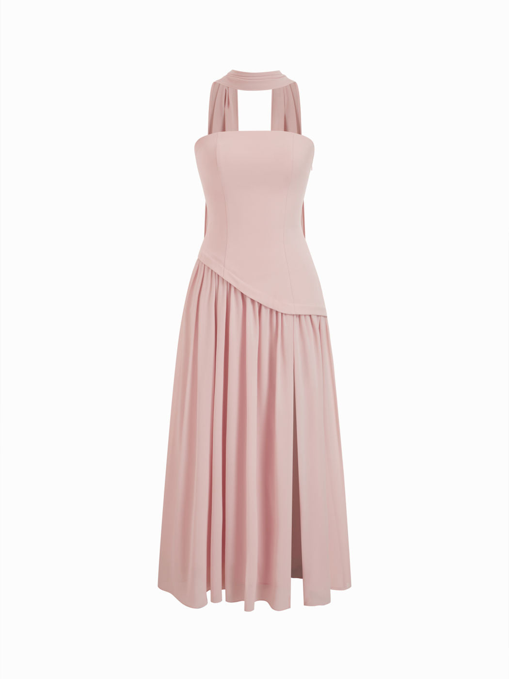 Chiffon Sculptural Halter Neckline Lace Up Maxi Bodycon Dress With Scarf