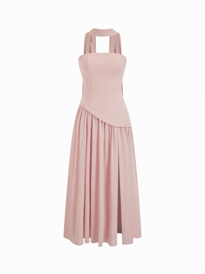 Chiffon Sculptural Halter Neckline Lace Up Maxi Bodycon Dress With Scarf