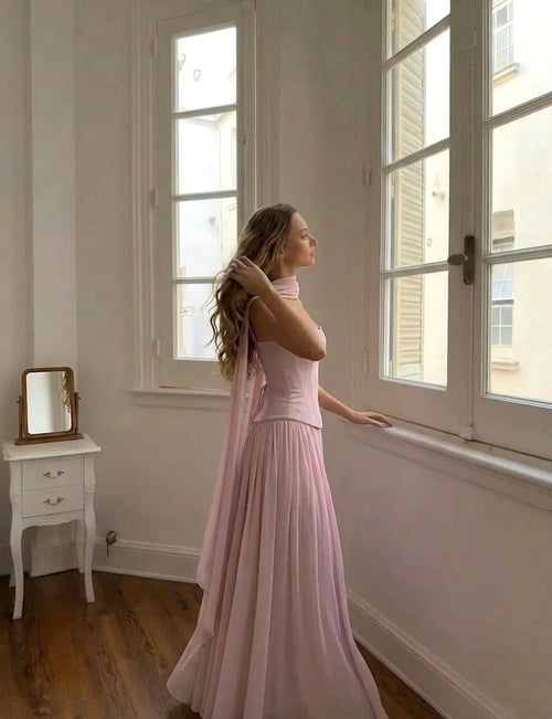 Chiffon Sculptural Halter Neckline Lace Up Maxi Bodycon Dress With Scarf