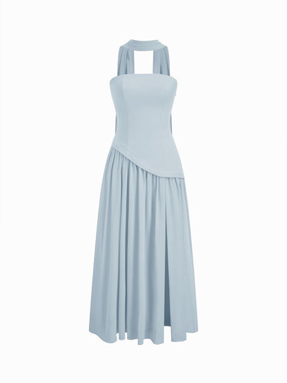Chiffon Sculptural Halter Neckline Lace Up Maxi Bodycon Dress With Scarf