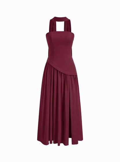 Chiffon Sculptural Halter Neckline Lace Up Maxi Bodycon Dress With Scarf