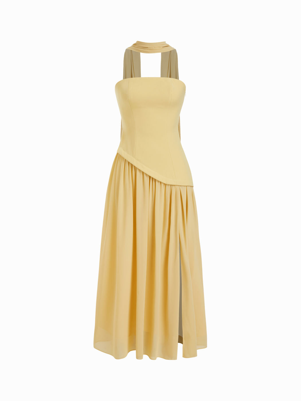 Chiffon Sculptural Halter Neckline Lace Up Maxi Bodycon Dress With Scarf