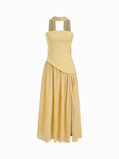 Chiffon Sculptural Halter Neckline Lace Up Maxi Bodycon Dress With Scarf