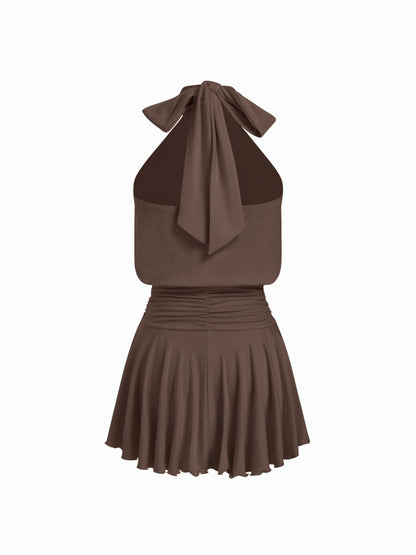 Stand Collar Sleeveless A-Line Mini Dress With Scarf
