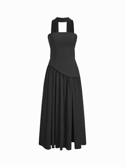 Chiffon Sculptural Halter Neckline Lace Up Maxi Bodycon Dress With Scarf