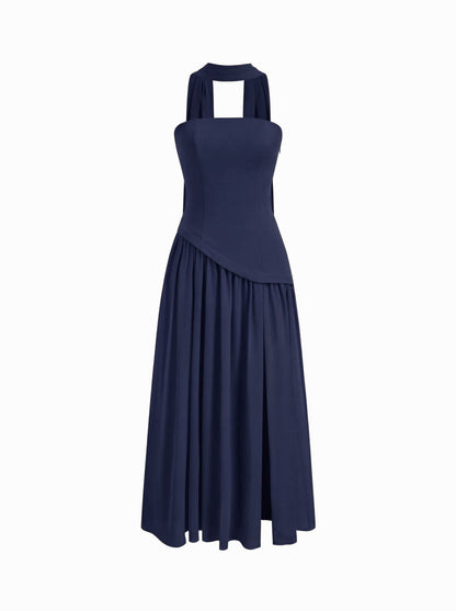 Chiffon Sculptural Halter Neckline Lace Up Maxi Bodycon Dress With Scarf
