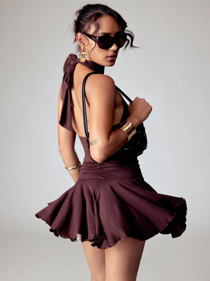 Stand Collar Sleeveless A-Line Mini Dress With Scarf